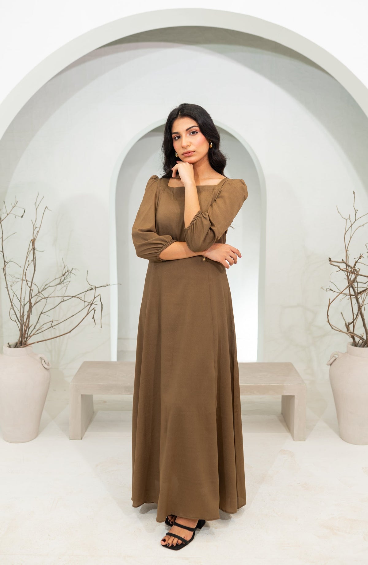 Zauk Basics Solid Printed Wrinkle-free crepe Stitched 1 Piece Dress - Khaki Long Dress - ZK25BSO - Casual Collection