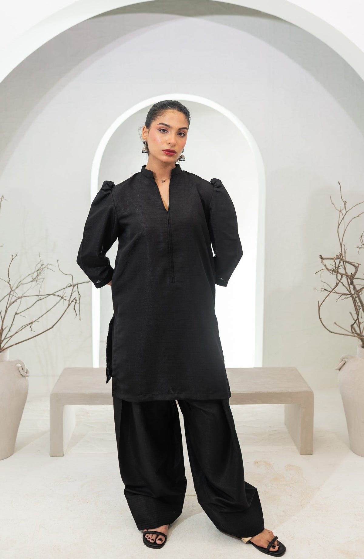 Zauk Basics Solid Printed Raw Silk Stitched 3 Piece Suit - Sable Black Farshi Shalwar Set - ZK25BSO - Casual Collection