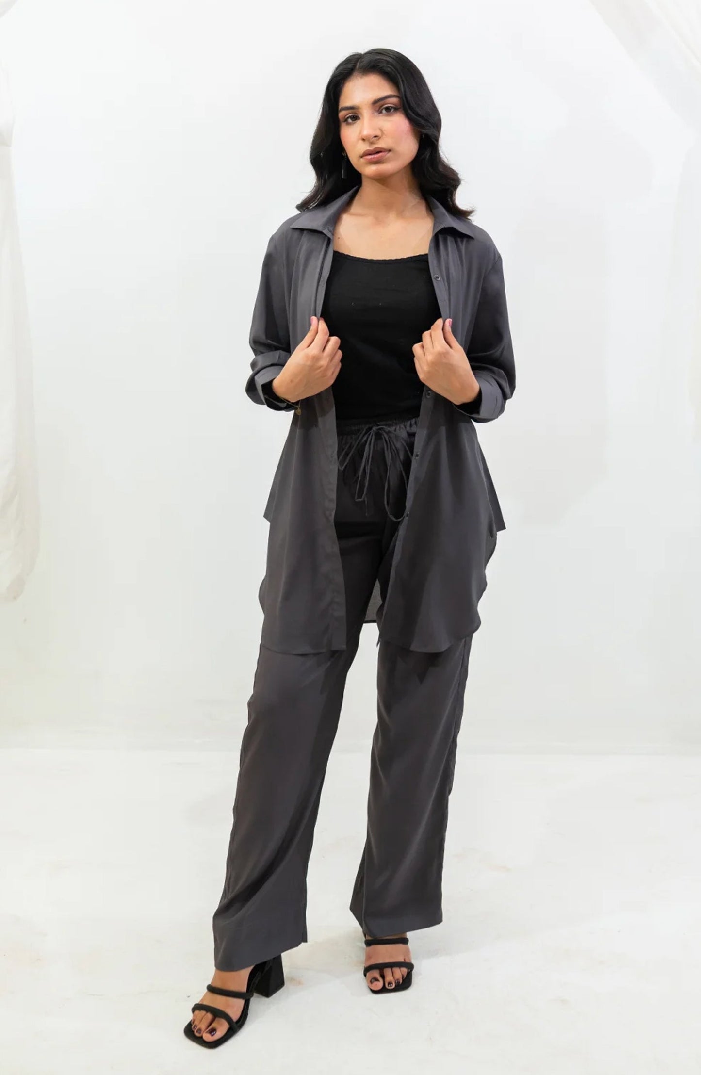 Zauk Basics Solid Printed Wrinkle-free crepe Stitched 2 Piece Co ord Set - Charcoal Gray - ZK25BSO - Casual Collection
