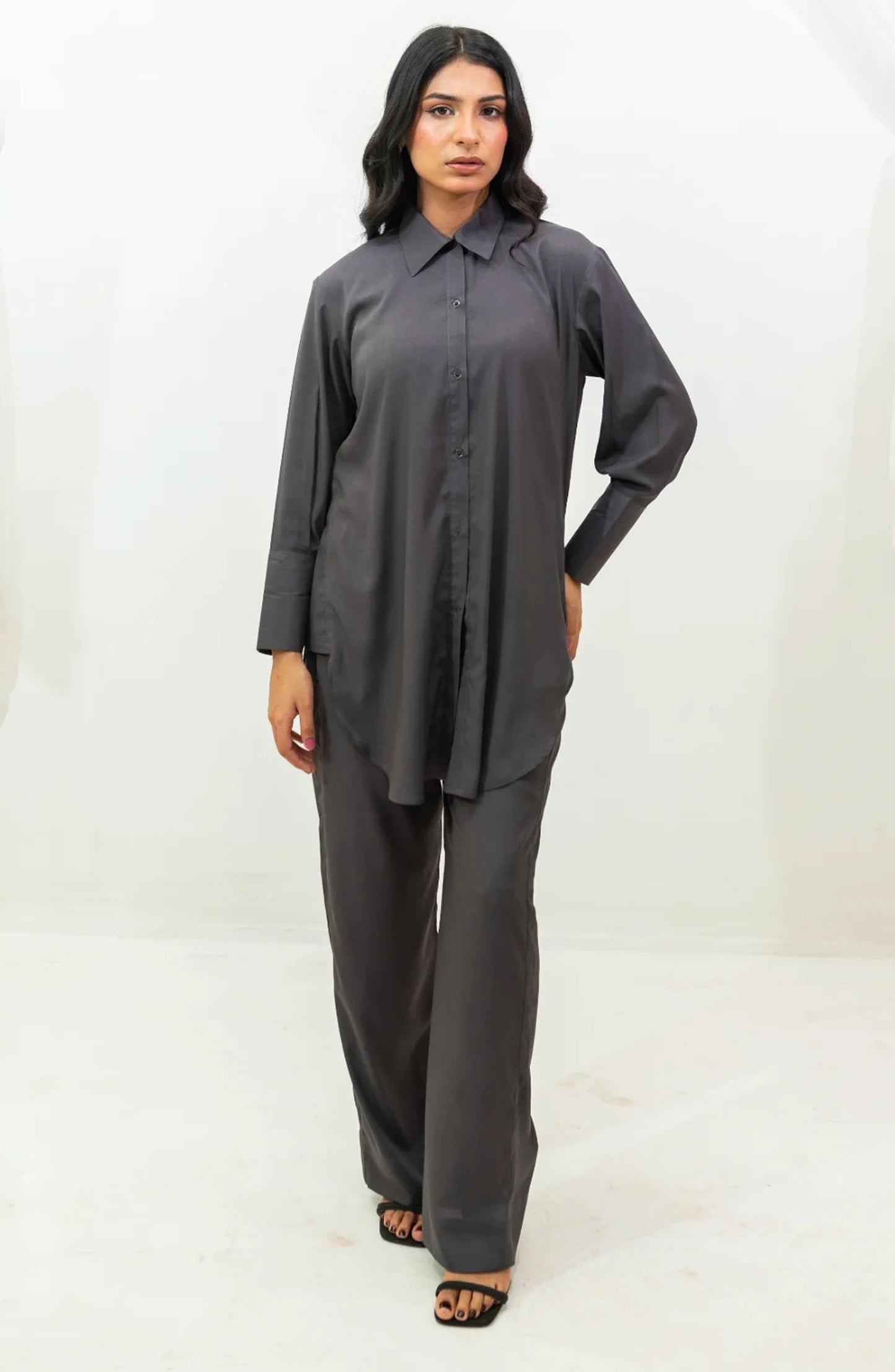 Zauk Basics Solid Printed Wrinkle-free crepe Stitched 2 Piece Co ord Set - Charcoal Gray - ZK25BSO - Casual Collection