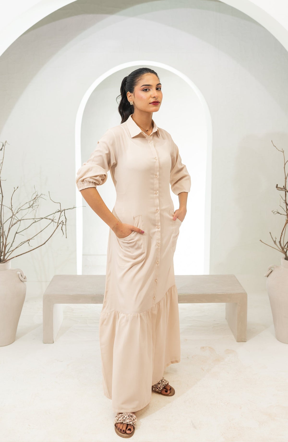 Zauk Basics Solid Printed Wrinkle-free crepe Stitched 1 Piece Dress - Bisque Fawn - ZK25BSO - Casual Collection