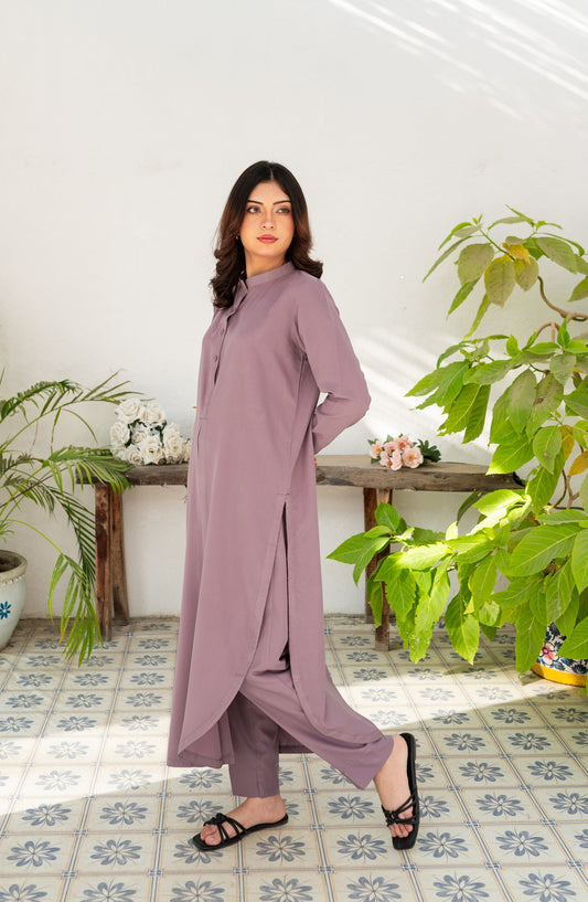 Zauk Printed Poly Grip Stitched 2 Piece Suit - Lavender Grace - ZK25CAS - Purple - Casual Collection