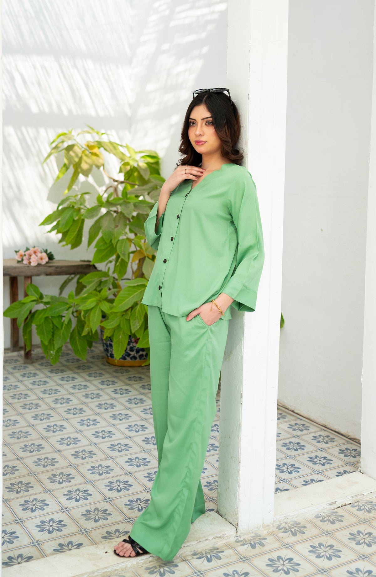 Zauk Printed Wrinkle-free Crepe Stitched 2 Piece Suit - Green Goddess - ZK25CAS - Green - Casual Collection
