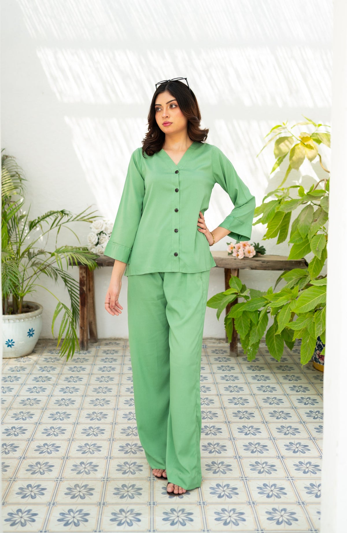 Zauk Printed Wrinkle-free Crepe Stitched 2 Piece Suit - Green Goddess - ZK25CAS - Green - Casual Collection