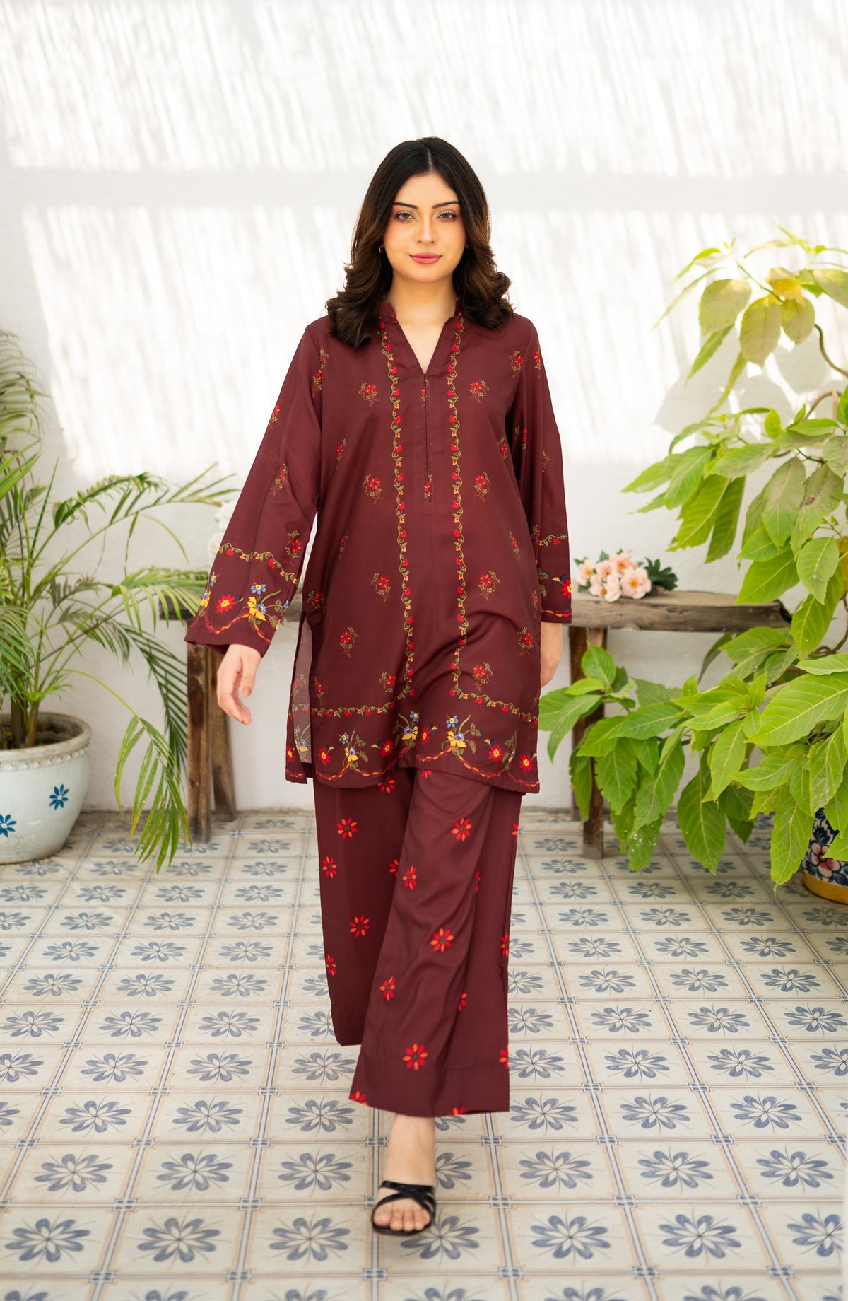 Zauk Printed Poly Lawn Stitched 2 Piece Suit - Cherry Charm - ZK25CAS - Maroon - Casual Collection