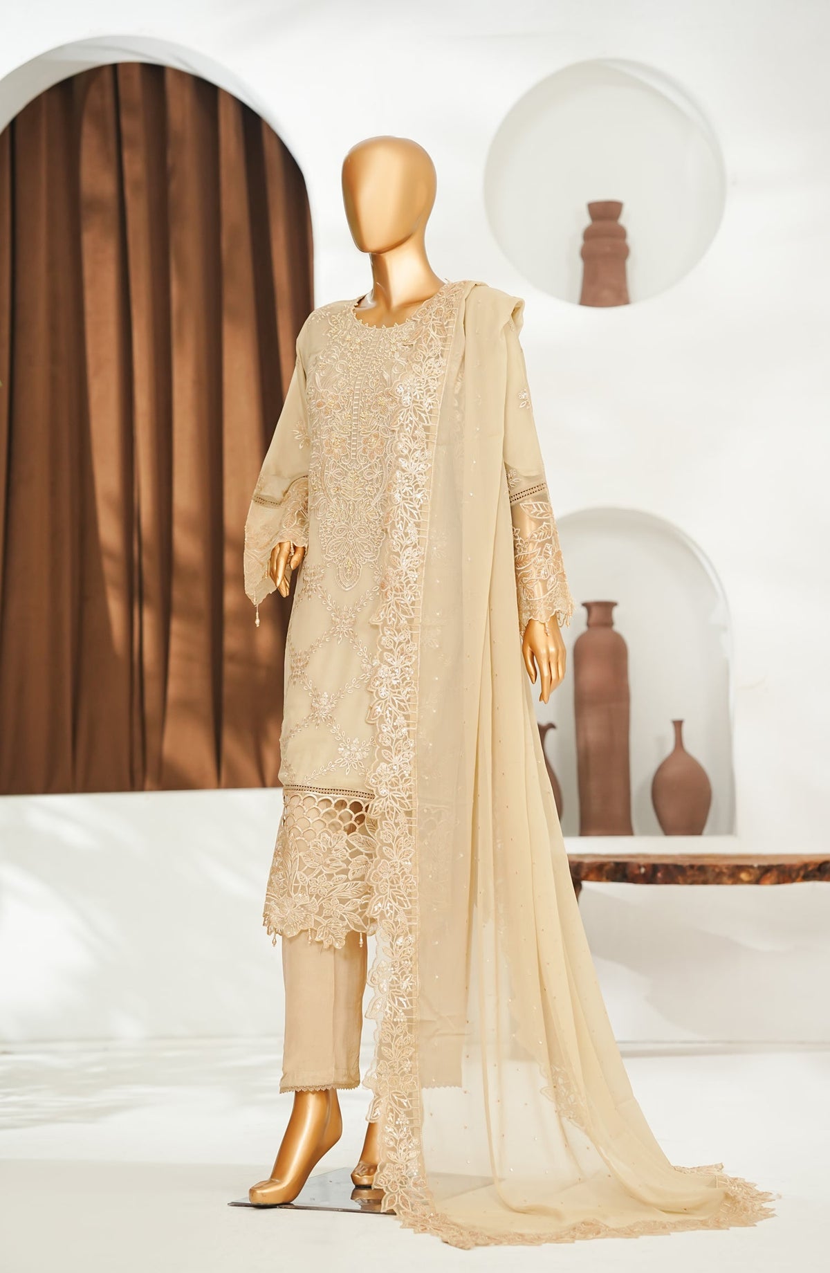 Zoya Luxe by Amna Khadija Embroidered Chiffon Stitched 3 Piece Suit - ZLCP-02 - AM26ZLCP - Golden - Festive Collection