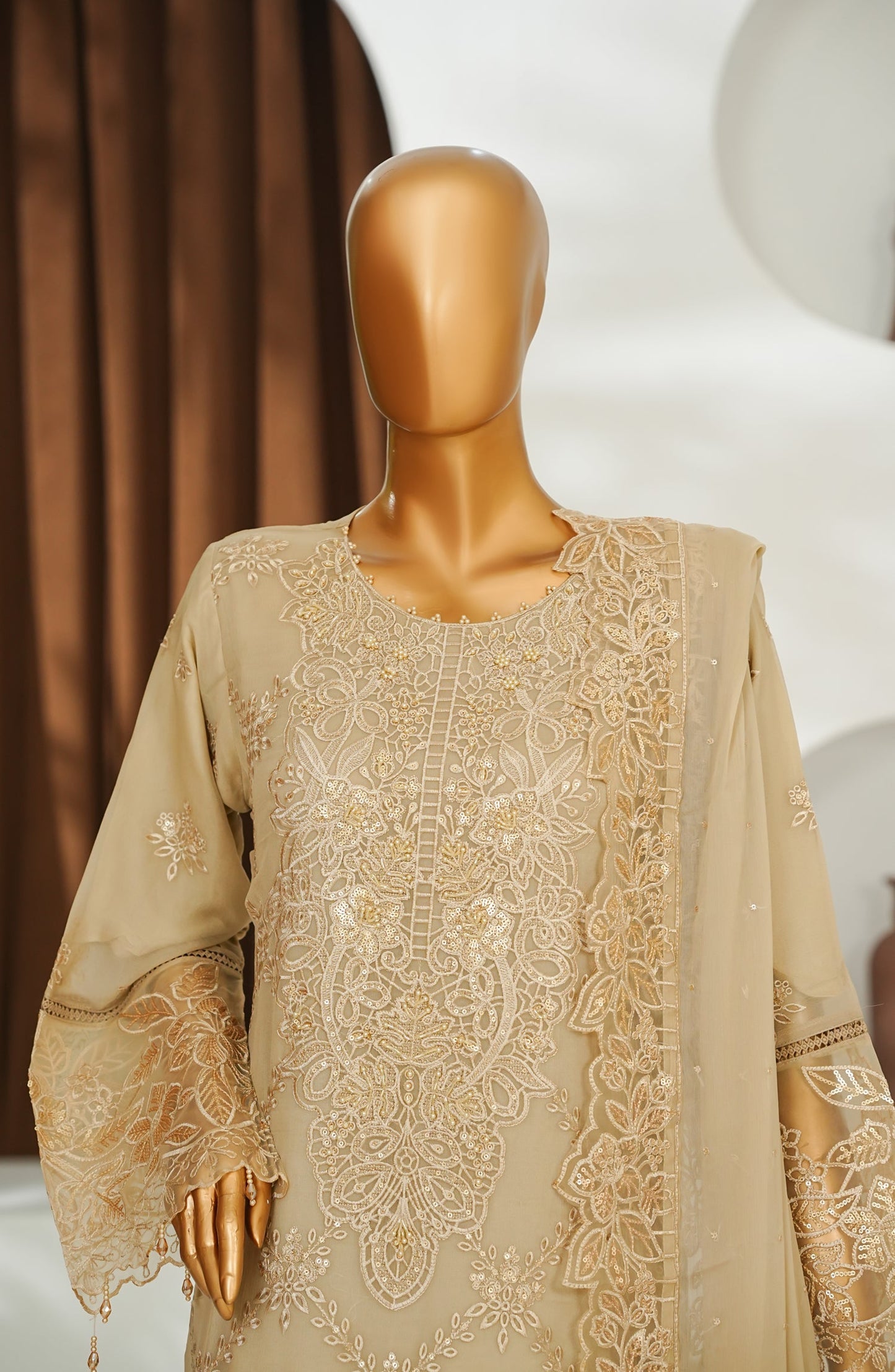 Zoya Luxe by Amna Khadija Embroidered Chiffon Stitched 3 Piece Suit - ZLCP-02 - AM26ZLCP - Golden - Festive Collection