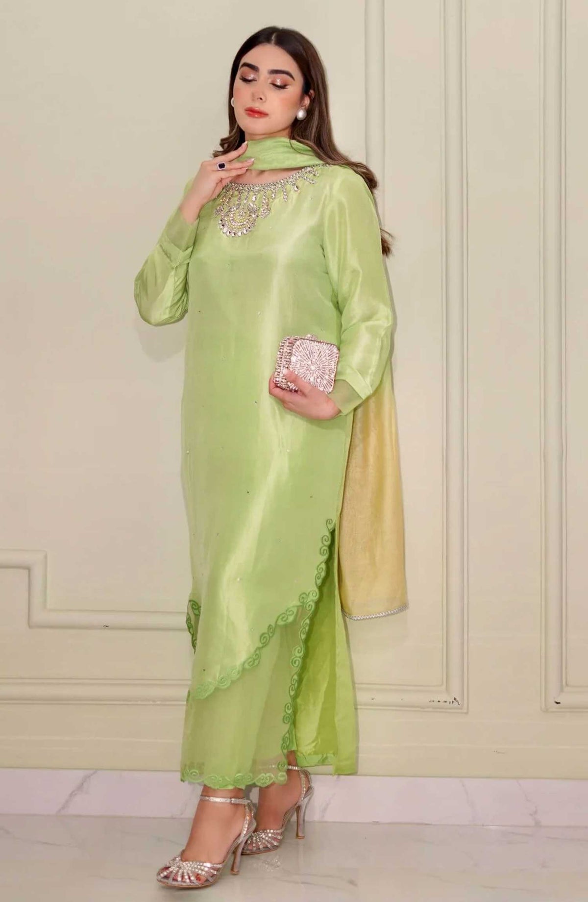 Luna Edit By Hues Atelier Embroidered Korean Raw Silk Stitched 2 Piece - Avocado Green - HA25L - Festive Collection