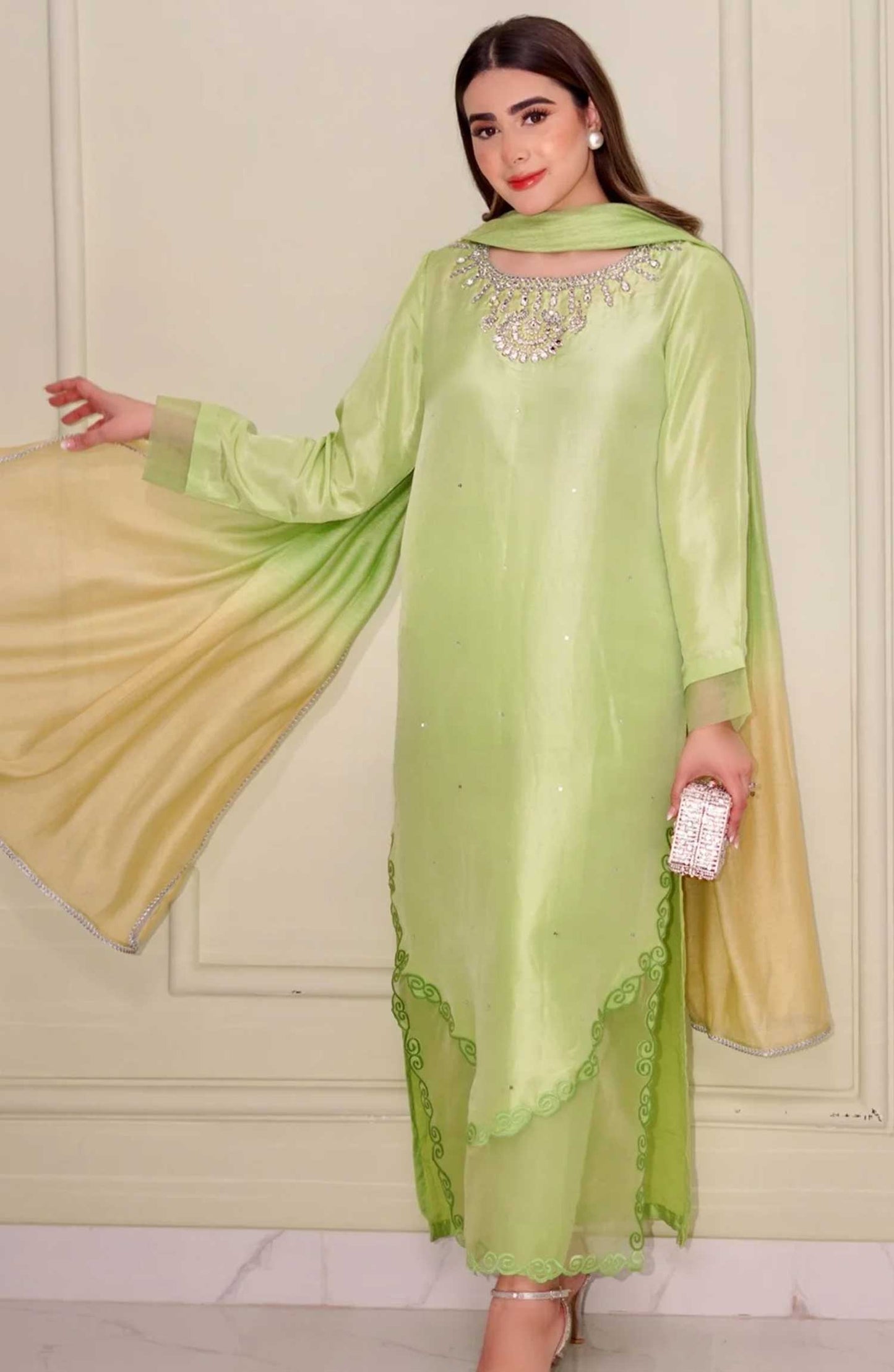 Luna Edit By Hues Atelier Embroidered Korean Raw Silk Stitched 2 Piece - Avocado Green - HA25L - Festive Collection