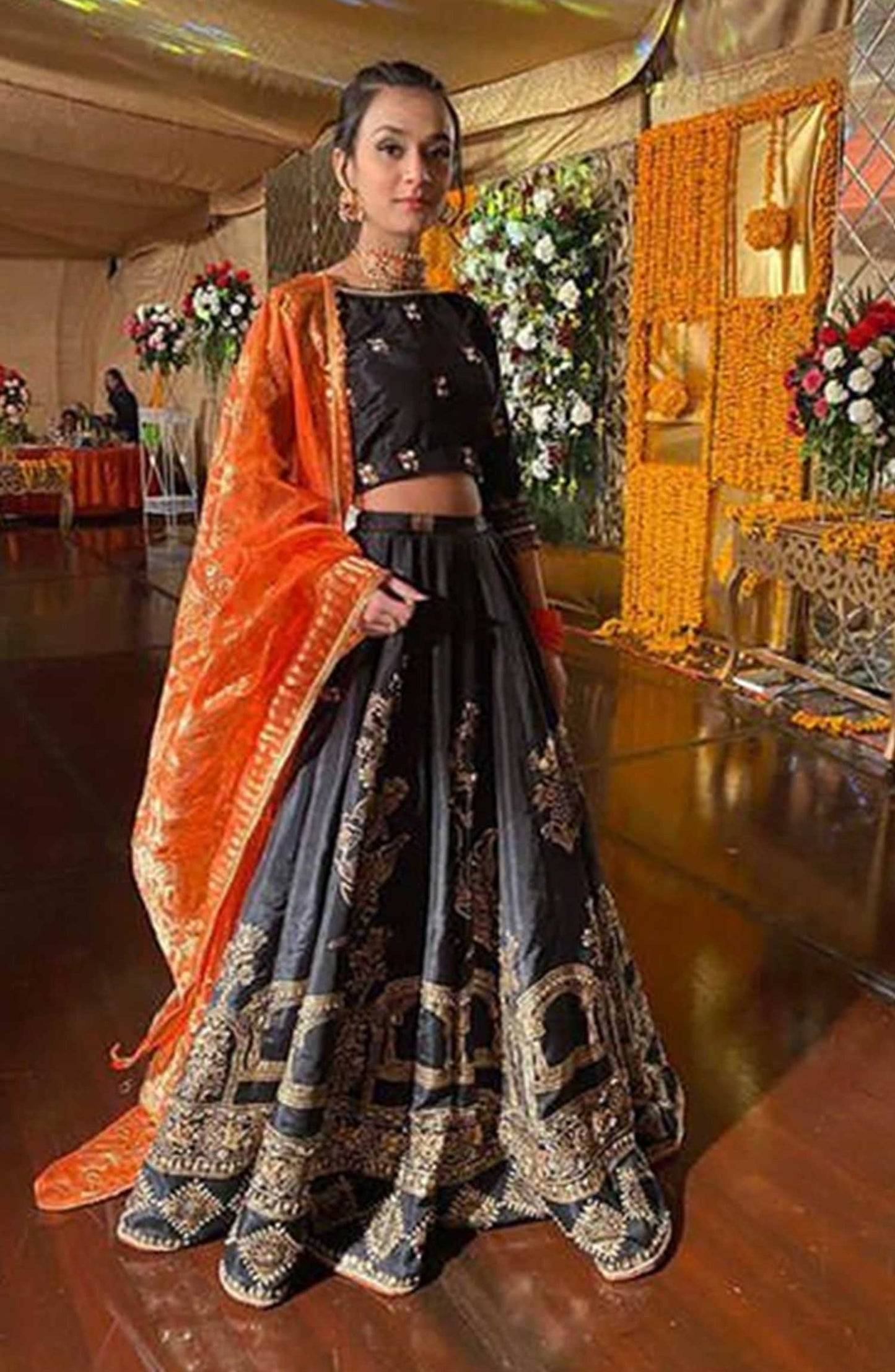Hues Atelier Embroidered Raw Silk Stitched 3 Piece - Black Lehnga Choli - HA25LF - Festive Collection