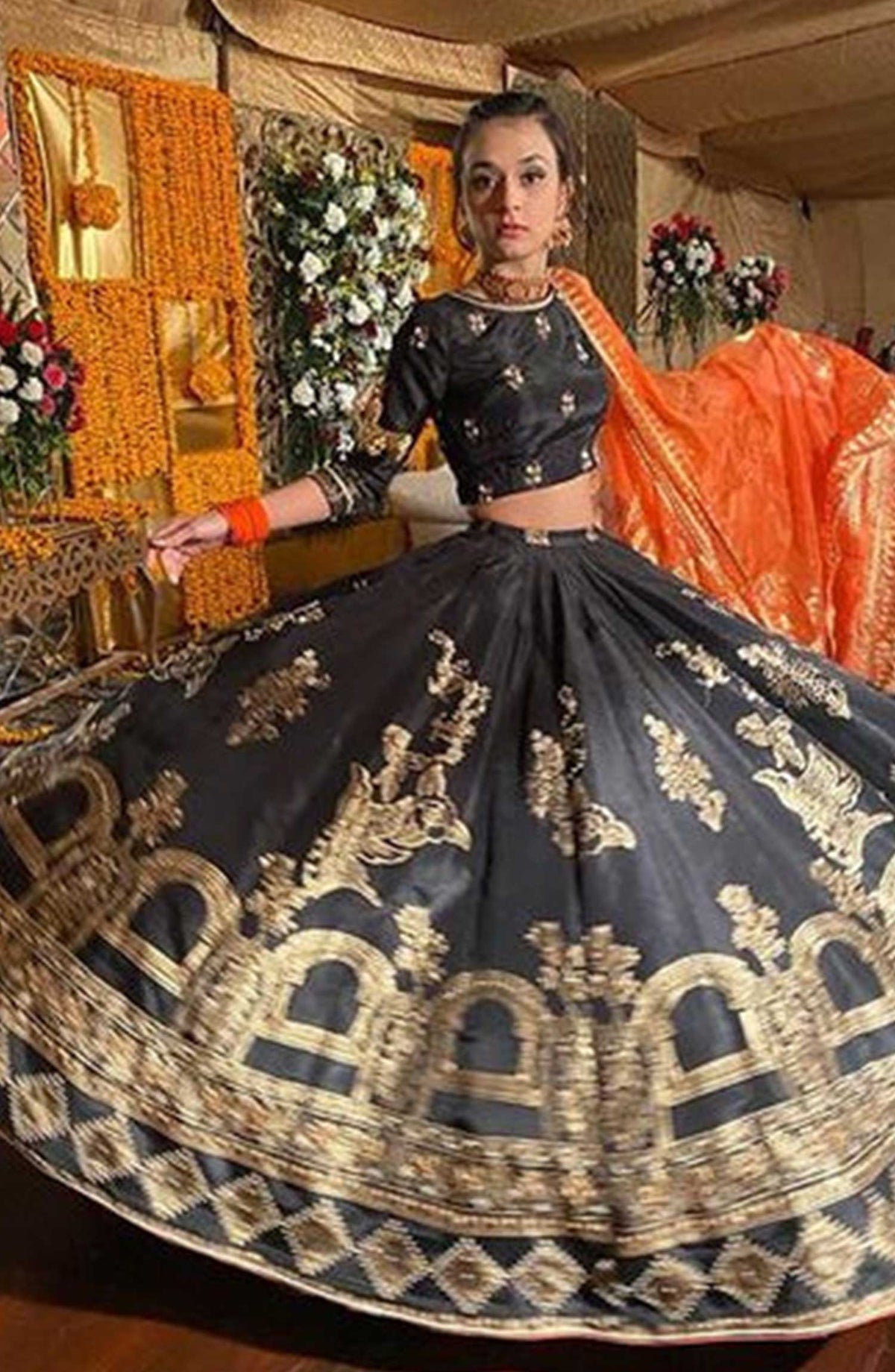 Hues Atelier Embroidered Raw Silk Stitched 3 Piece - Black Lehnga Choli - HA25LF - Festive Collection