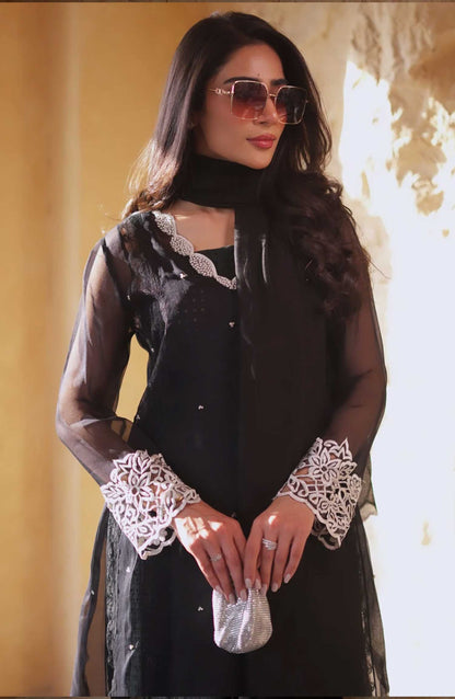 Luna Edit By Hues Atelier Embroidered Organza Stitched 2 Piece - Black Soir - HA25L - Festive Collection