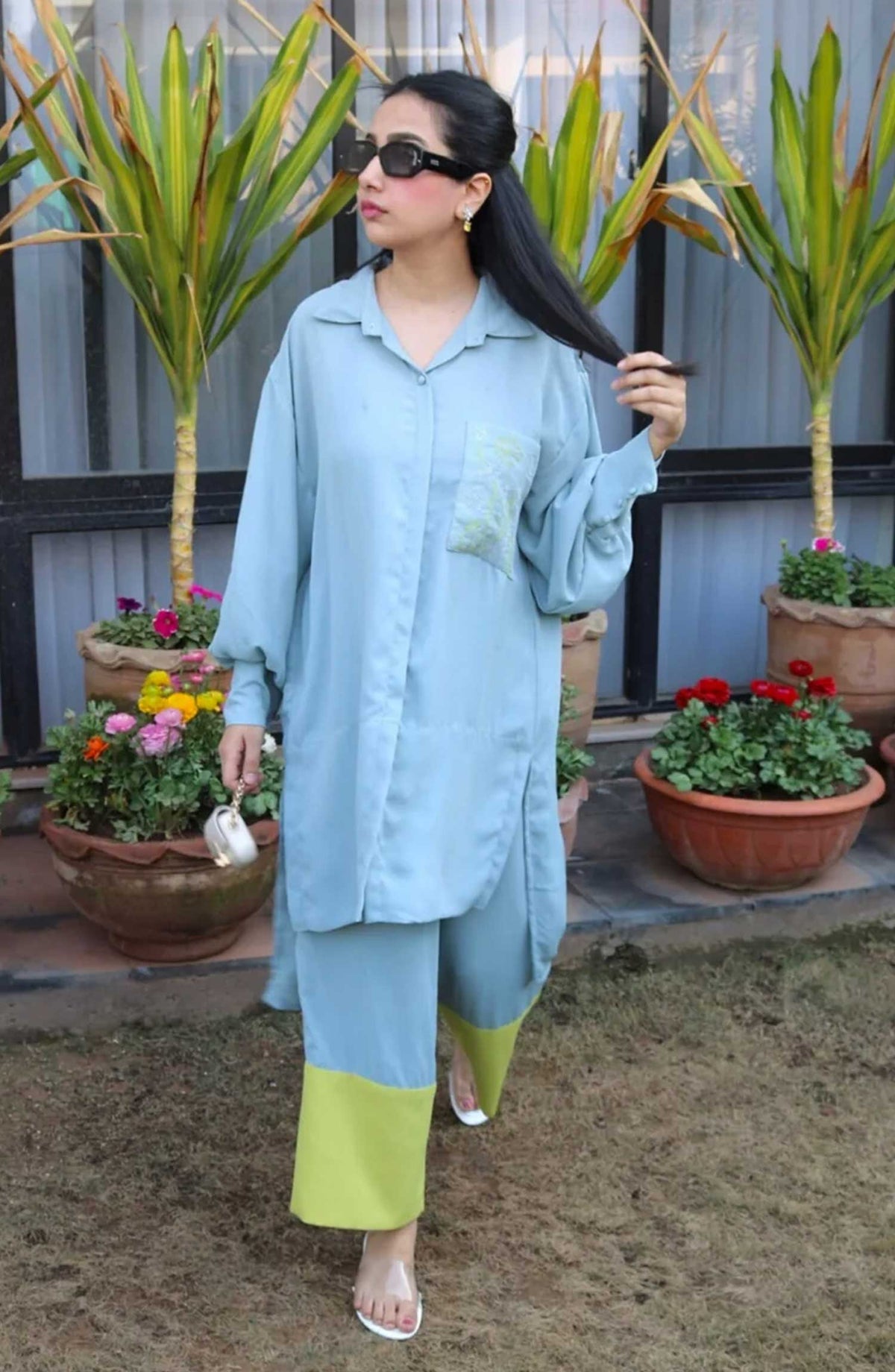 Hues Atelier Casual Grip Stitched 2 Piece - Blue Daisey - HA25BP - Blue - Casual Collection