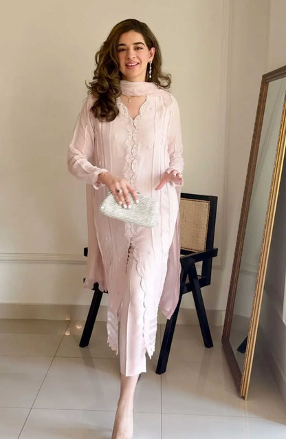 Luna Edit By Hues Atelier Embroidered Chiffon Stitched 3 Piece - Chantilly Pink - HA25L - Festive Collection