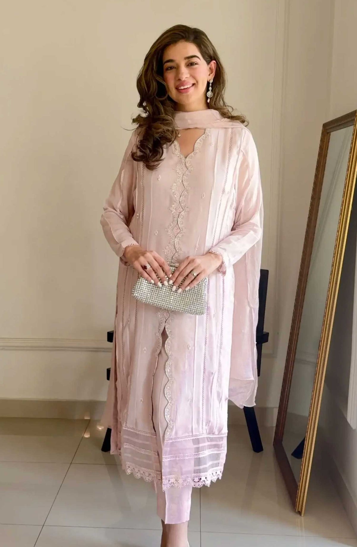 Luna Edit By Hues Atelier Embroidered Chiffon Stitched 3 Piece - Chantilly Pink - HA25L - Festive Collection