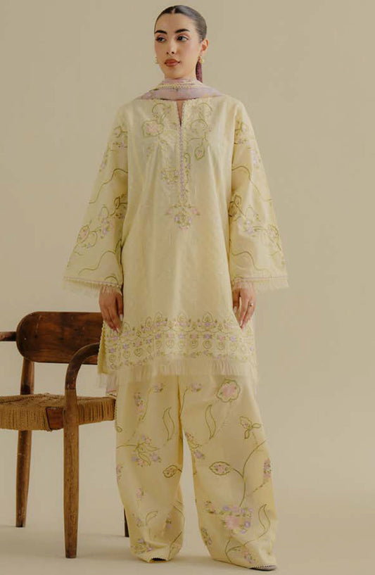 Coco by Zara Shahjahan Embroidered Jacquard Unstitched 3 Piece Suit - D-01-A Elva - ZS25CLD2 - Yellow - Summer Collection
