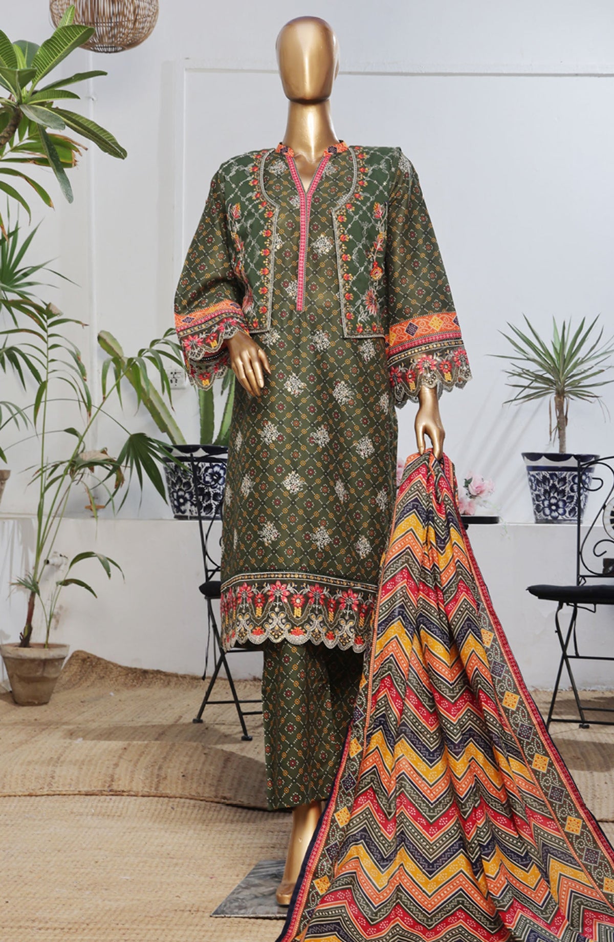 Bin Saeed Embroidered Lawn Stitched 3 Piece Suit - D-12 - BS25BEEC - Green - Eid Collection