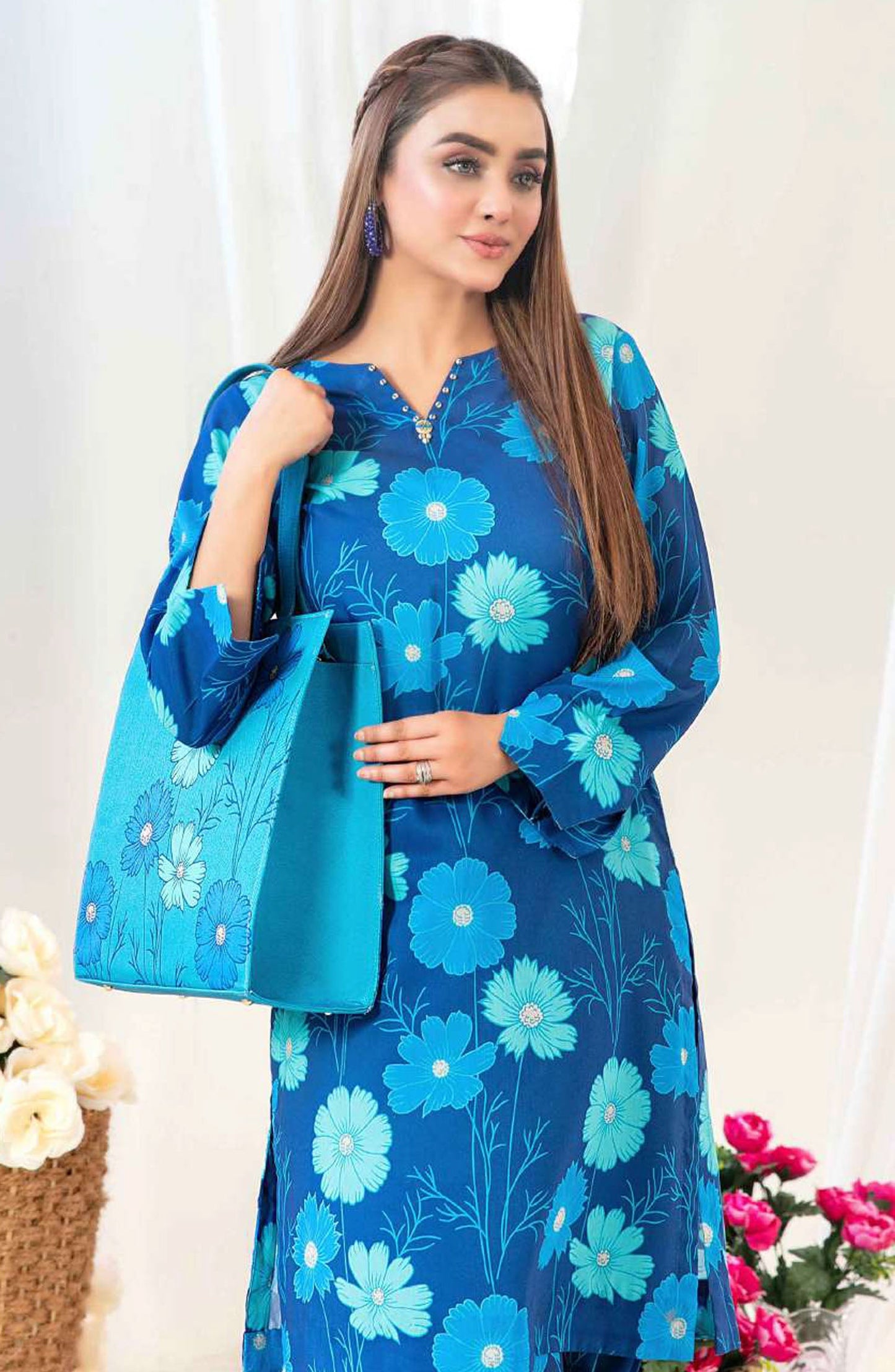Glo by Tawakkal Fabric Printed Lawn Stitched 2 Piece Suit - D-1556 - TF25GLOV2 - Blue - Summer Collection