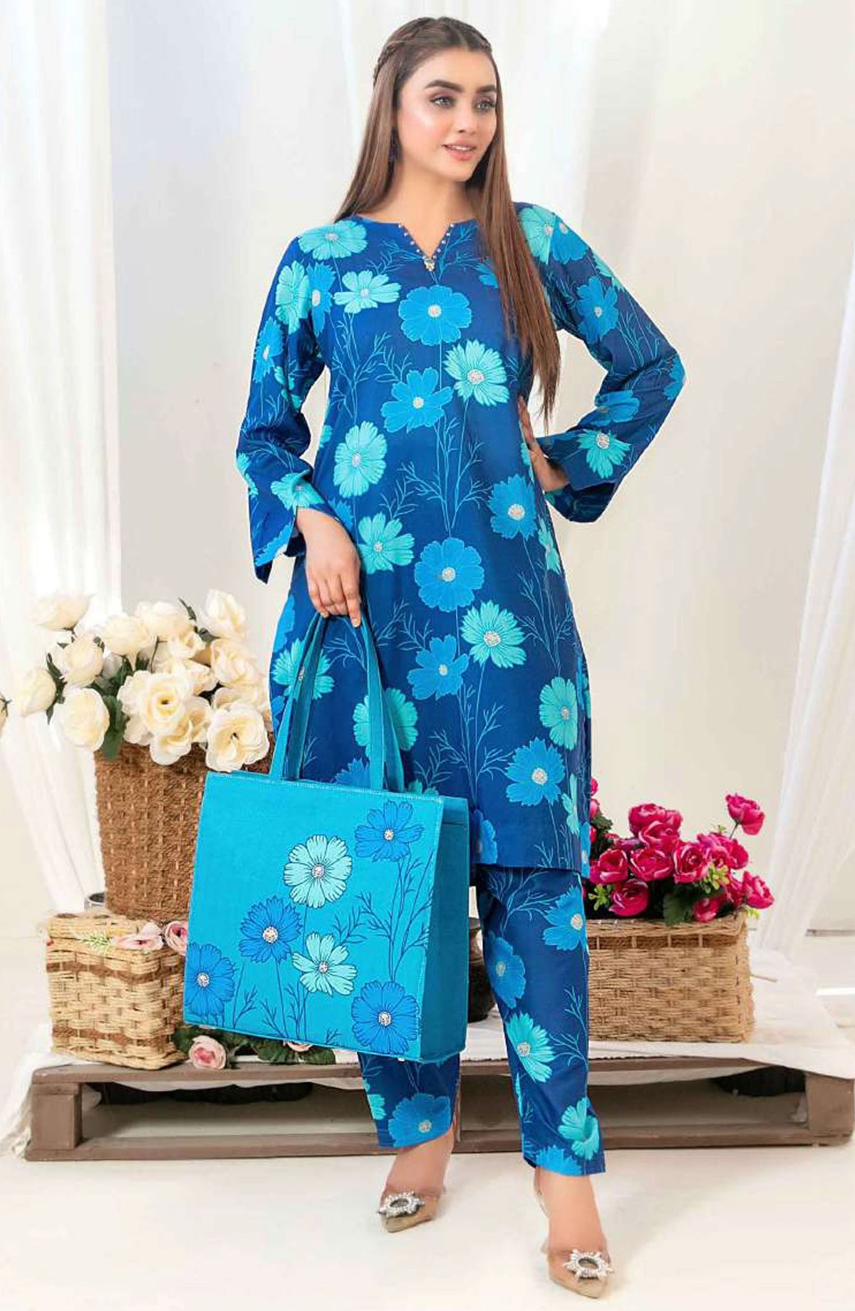Glo by Tawakkal Fabric Printed Lawn Stitched 2 Piece Suit - D-1556 - TF25GLOV2 - Blue - Summer Collection