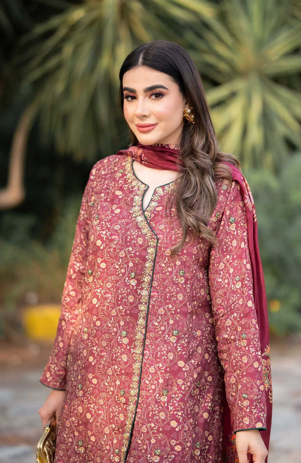 Luna Edit By Hues Atelier Printed Korean Raw Silk Stitched 3 Piece - Deep Maroon Printed Fit - HA25L - Festive Collection