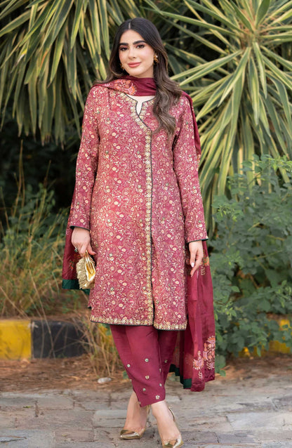 Luna Edit By Hues Atelier Printed Korean Raw Silk Stitched 3 Piece - Deep Maroon Printed Fit - HA25L - Festive Collection
