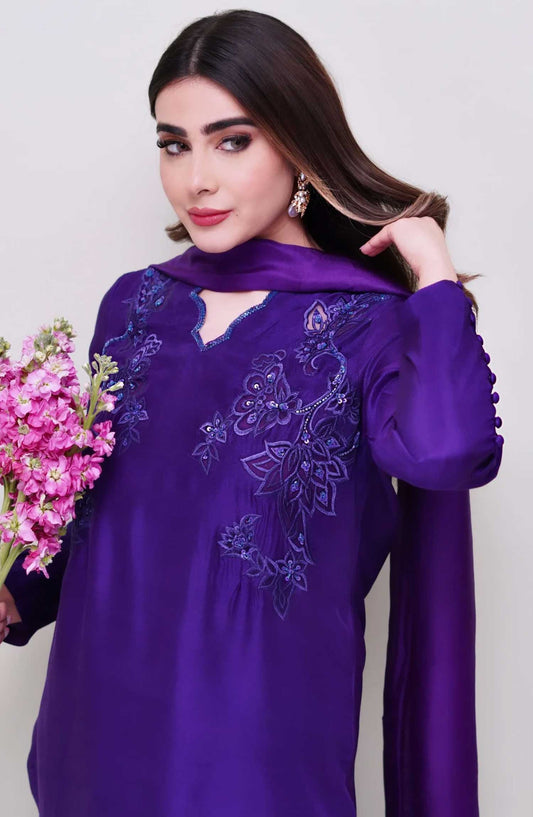 Luna Edit By Hues Atelier Embroidered Raw Silk Stitched 3 Piece - Deep Purple - HA25L - Festive Collection