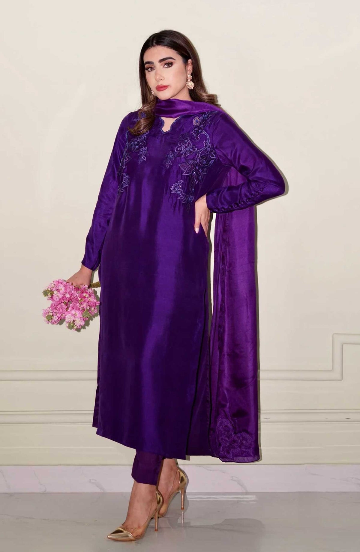 Luna Edit By Hues Atelier Embroidered Raw Silk Stitched 3 Piece - Deep Purple - HA25L - Festive Collection