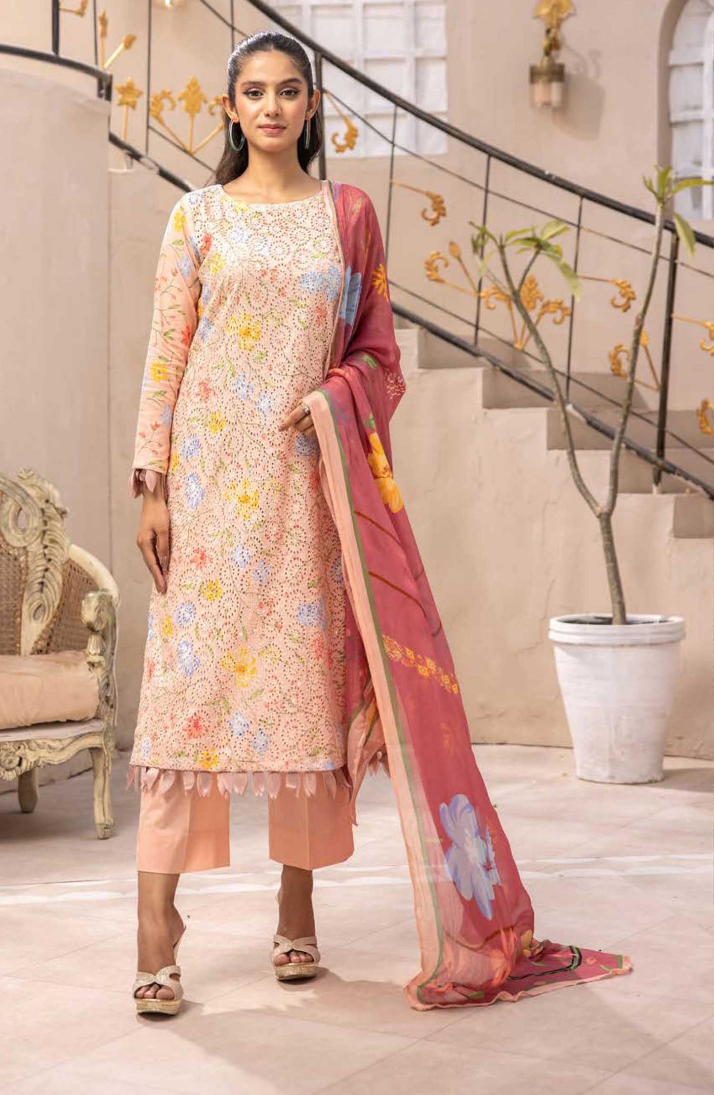 Mahees Isha by Riaz Arts Chikankari Lawn Unstitched 3 Piece - D-05 - RA25MI - Peach - Summer Collection