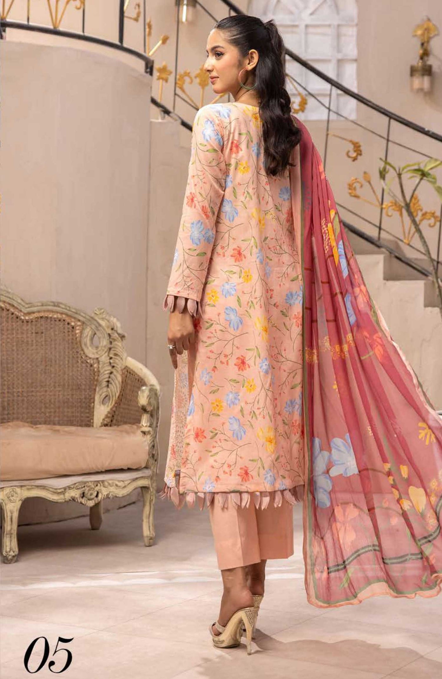 Mahees Isha by Riaz Arts Chikankari Lawn Unstitched 3 Piece - D-05 - RA25MI - Peach - Summer Collection