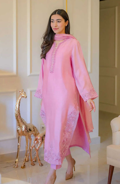 Luna Edit By Hues Atelier Embroidered Cotton Net Stitched 3 Piece - Dreamy Pink - HA25L - Festive Collection