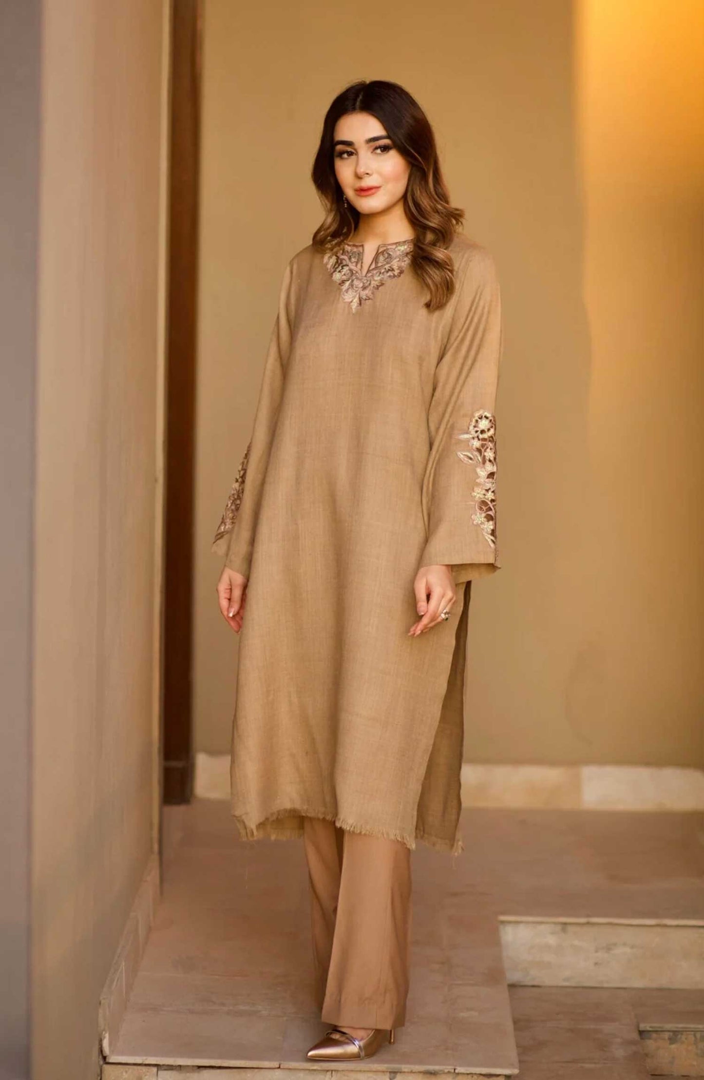 Hues Atelier Casual Pashmina Stitched 2 Piece - Embroidered Pashmina Kurta - HA25BP - Fawn - Casual Collection