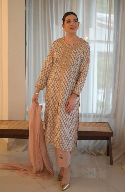 Luna Edit By Hues Atelier Printed Korean Raw Silk Stitched 3 Piece - Ethnic Gota - HA25L - Festive Collection