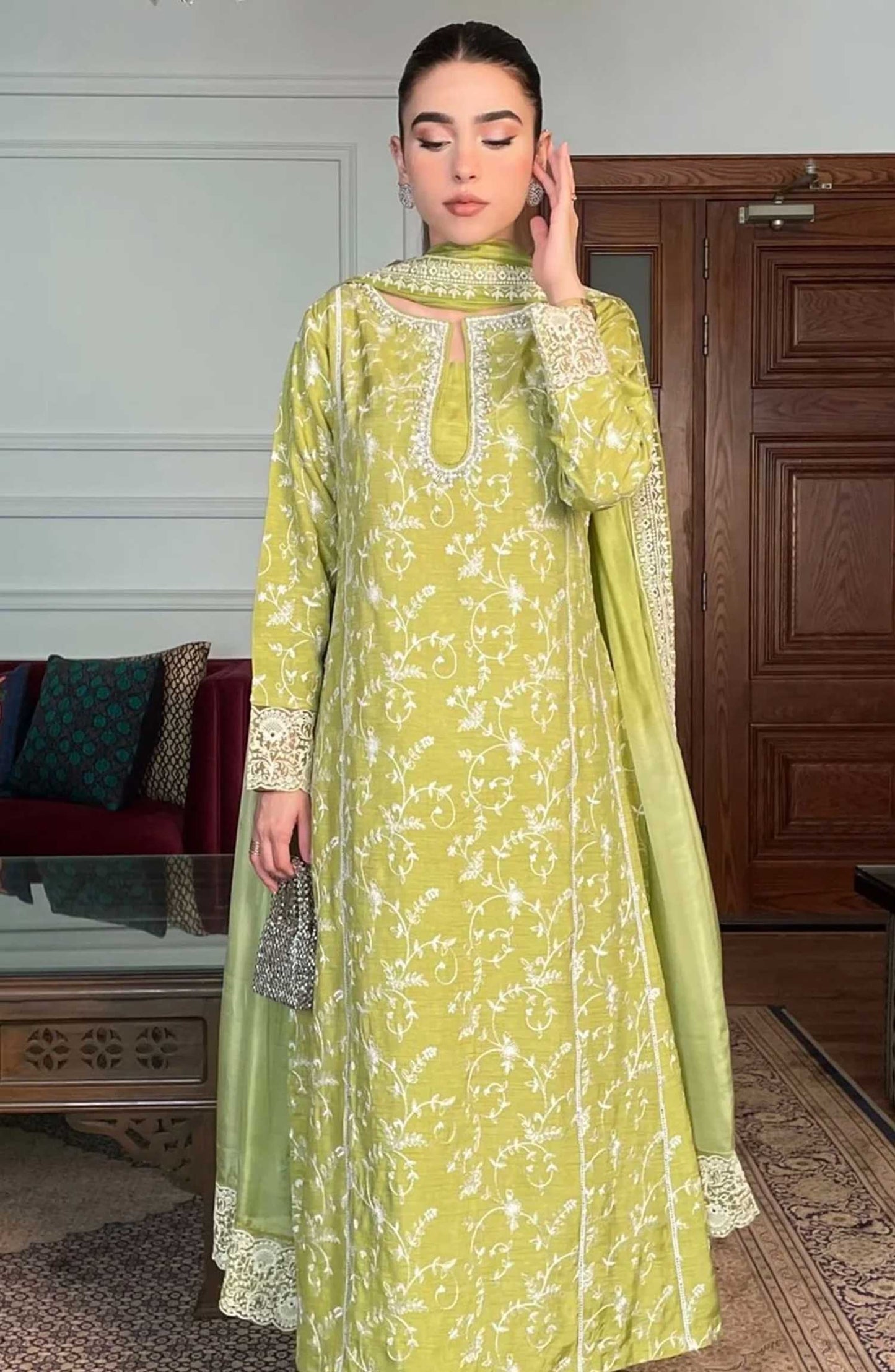 Luna Edit By Hues Atelier Embroidered Korean Raw Silk Stitched 3 Piece - Flora Green - HA25L - Festive Collection