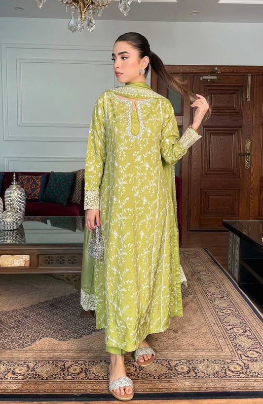 Luna Edit By Hues Atelier Embroidered Korean Raw Silk Stitched 3 Piece - Flora Green - HA25L - Festive Collection