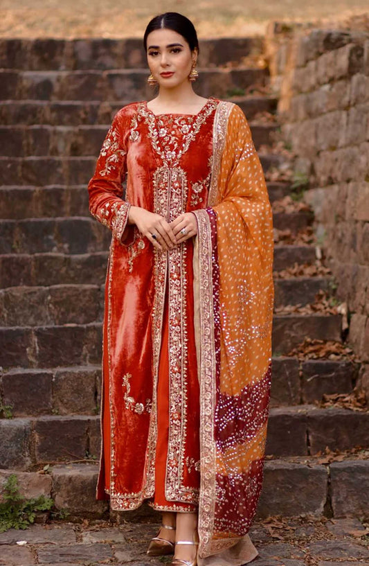 Hues Atelier Embroidered Velvet 3 Piece - French Dynasty - HA25LF - Maroon - Festive Collection