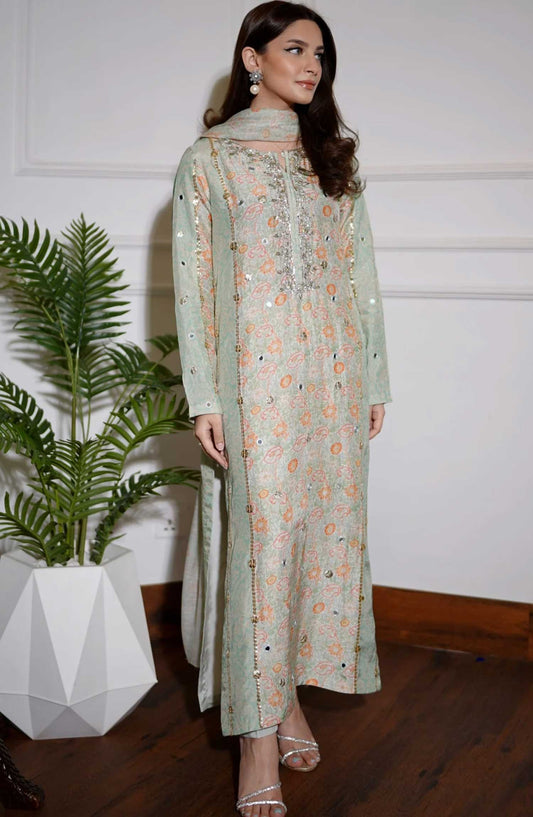 Luna Edit By Hues Atelier Printed Korean Raw Silk Stitched 3 Piece - Gota Floral Printed Fit - HA25L - Festive Collection