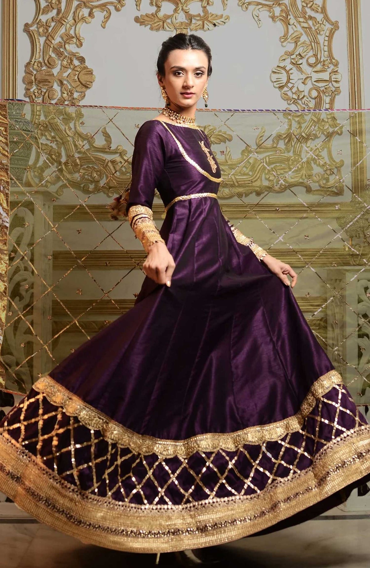 Hues Atelier Embroidered Raw Silk 3 Piece - Gota Heirloom Anarkali - HA25LF - Black - Festive Collection