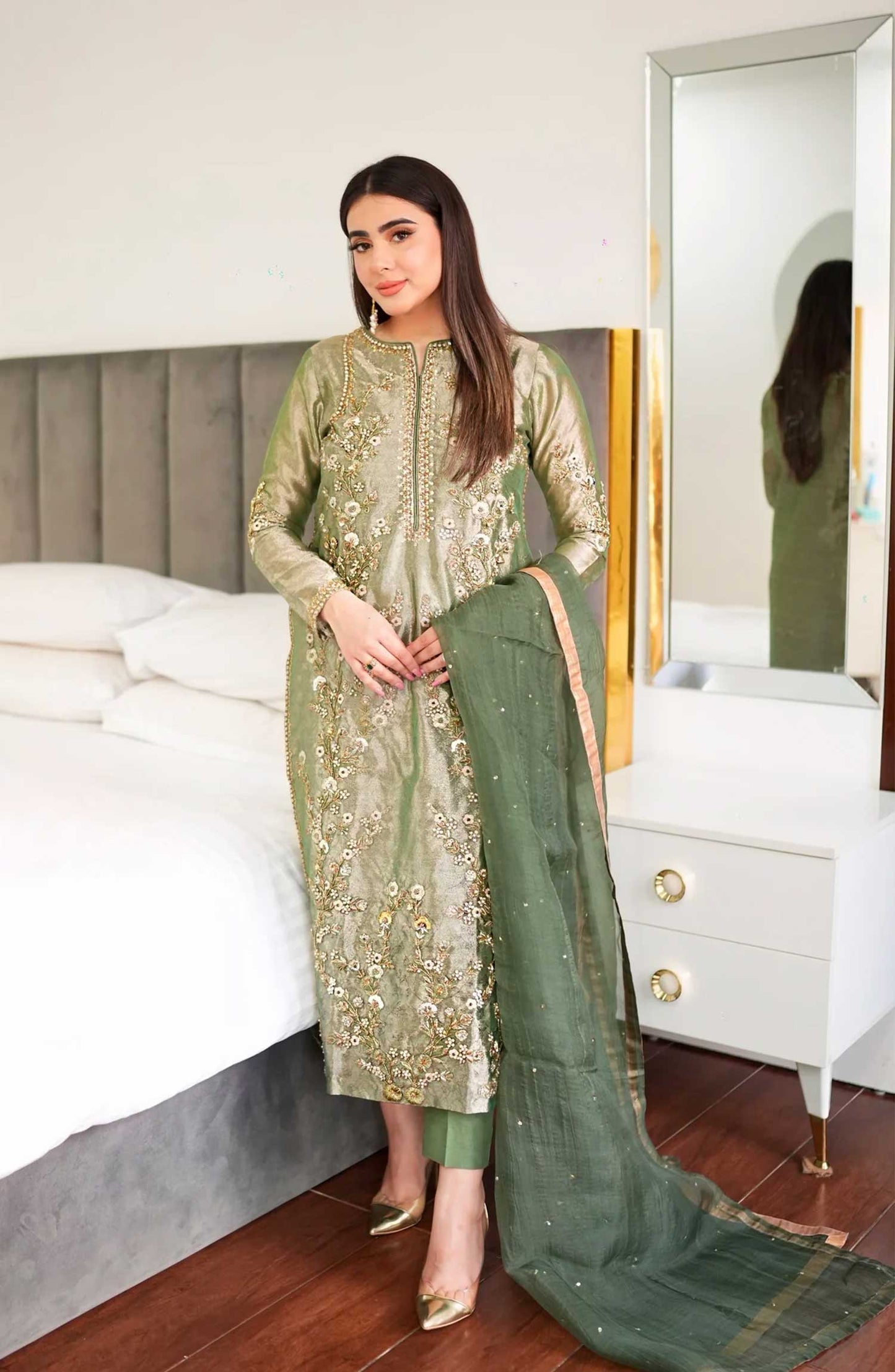 Hues Atelier Embroidered Tissue 3 Piece - Green Tissue Formal - HA25LF - Festive Collection