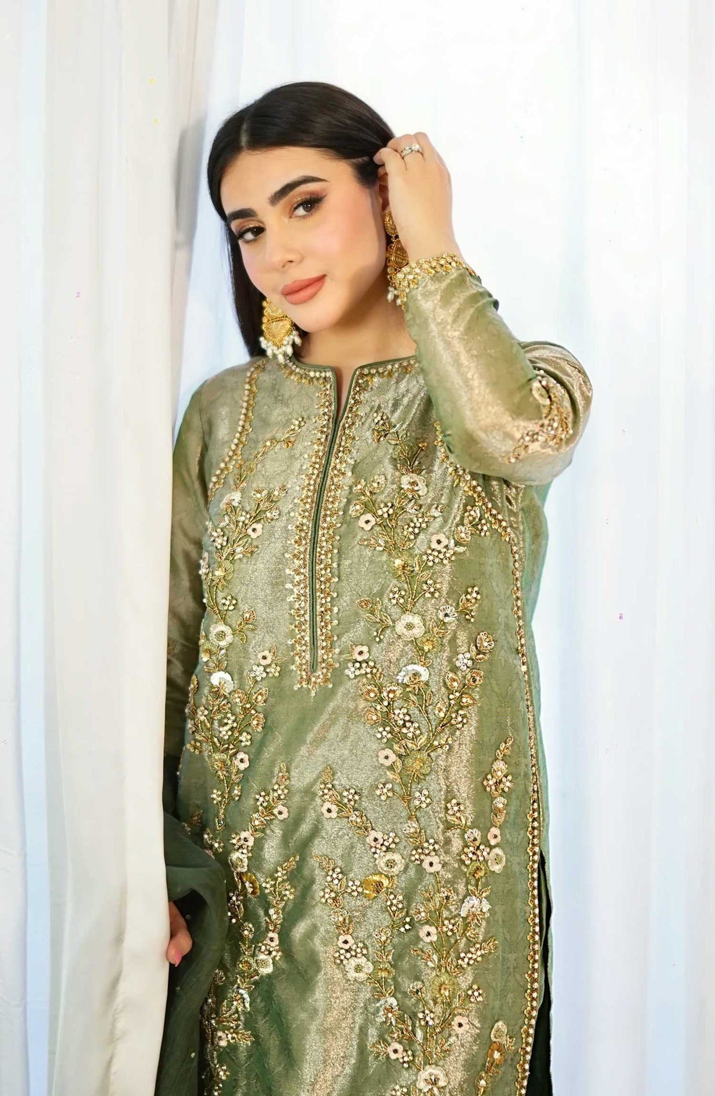 Hues Atelier Embroidered Tissue 3 Piece - Green Tissue Formal - HA25LF - Festive Collection
