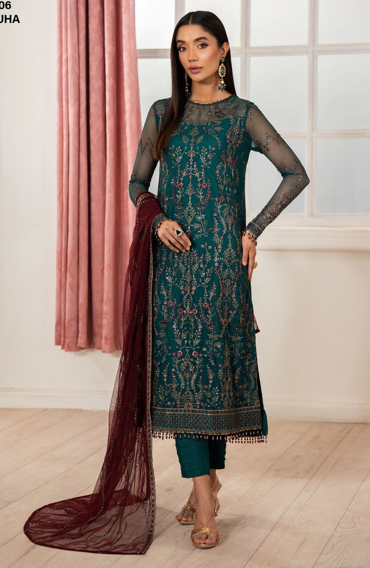 Heer by Zarif Embroidered Net Unstitched 3 Piece Suit - NUHA - ZF25HR - Z-06 - Green - Festive Collection