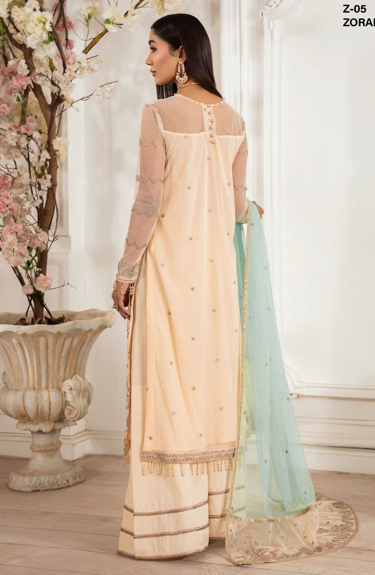 Heer by Zarif Embroidered Net Unstitched 3 Piece Suit - ZORAIZ - ZF25HR - Z-05 - Peach - Festive Collection