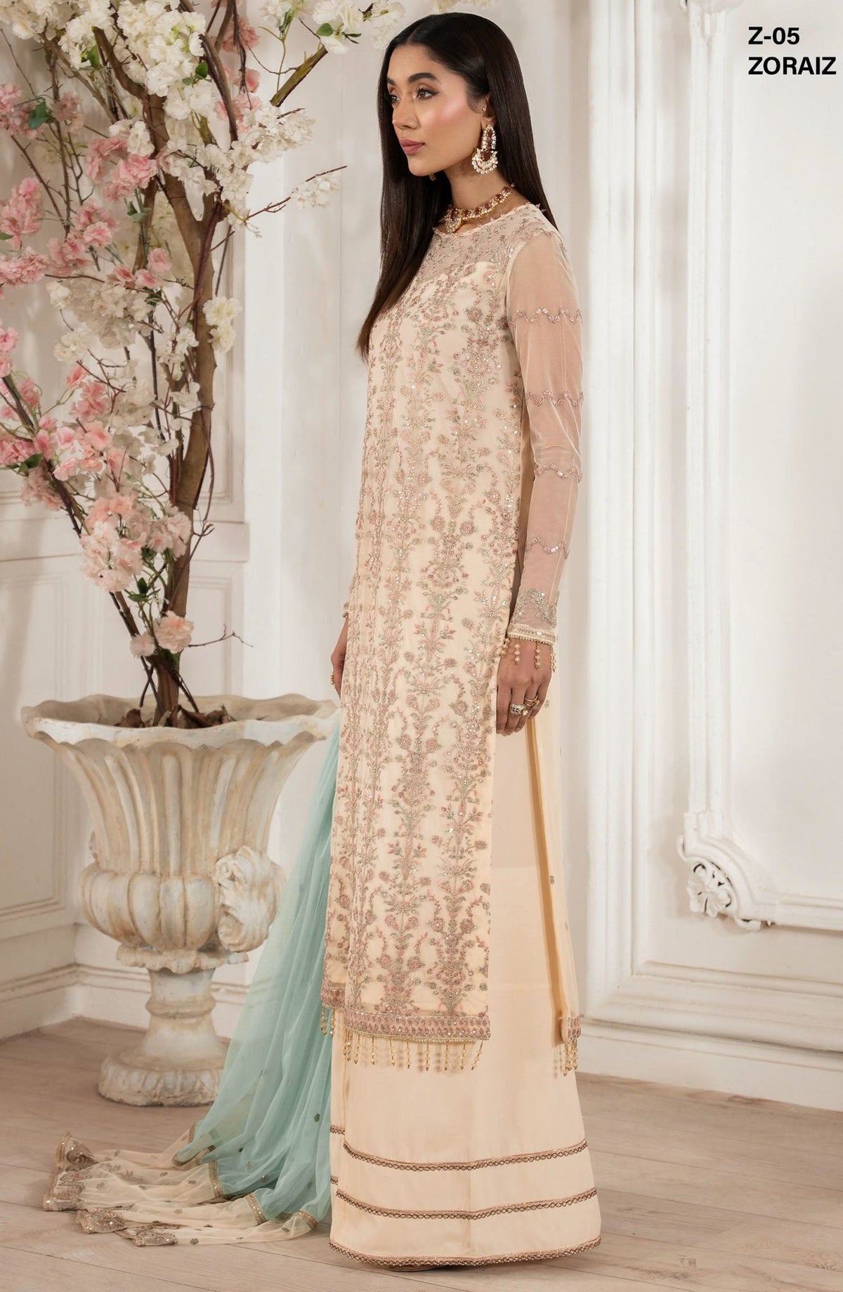 Heer by Zarif Embroidered Net Unstitched 3 Piece Suit - ZORAIZ - ZF25HR - Z-05 - Peach - Festive Collection