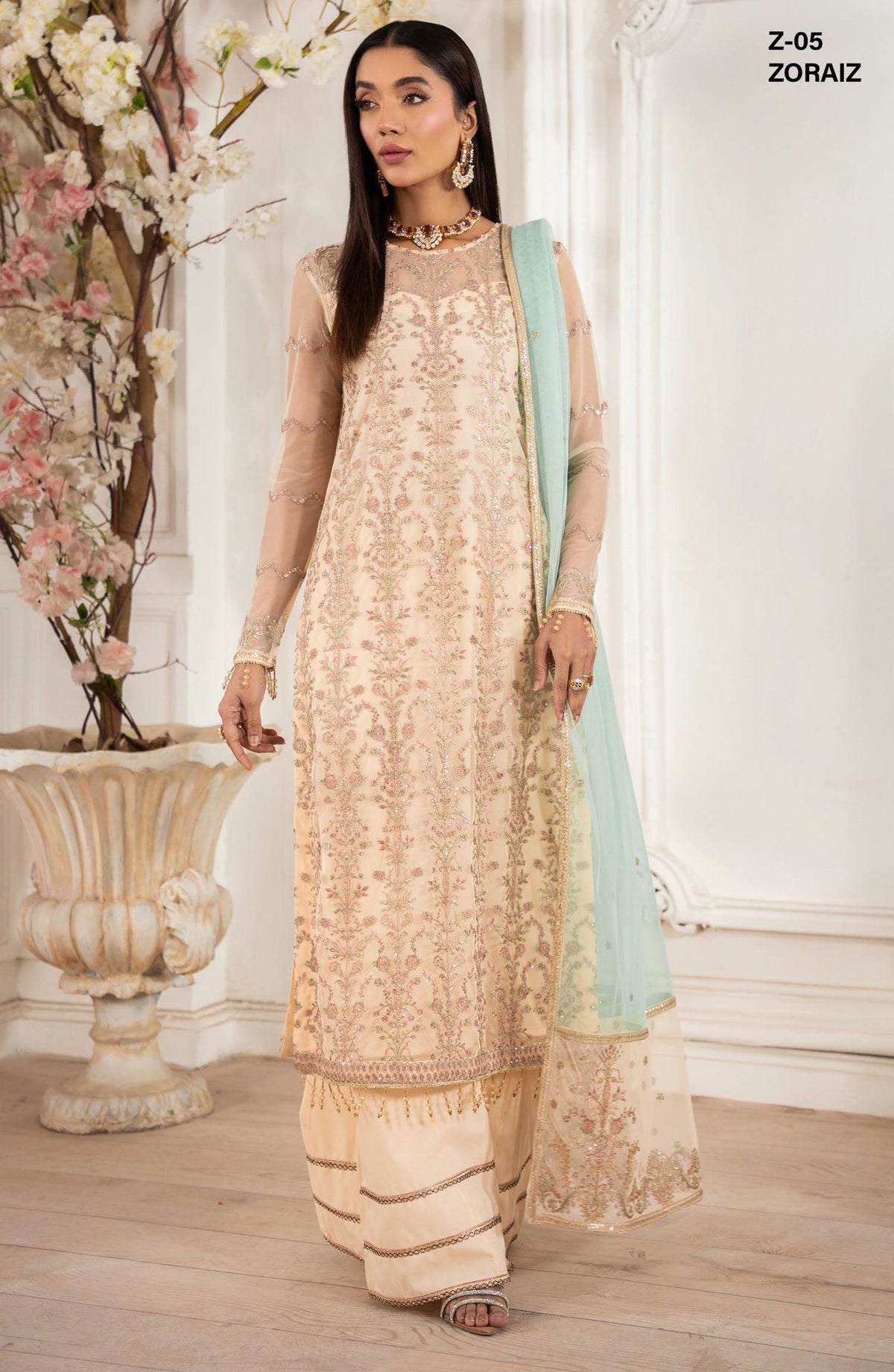 Heer by Zarif Embroidered Net Unstitched 3 Piece Suit - ZORAIZ - ZF25HR - Z-05 - Peach - Festive Collection