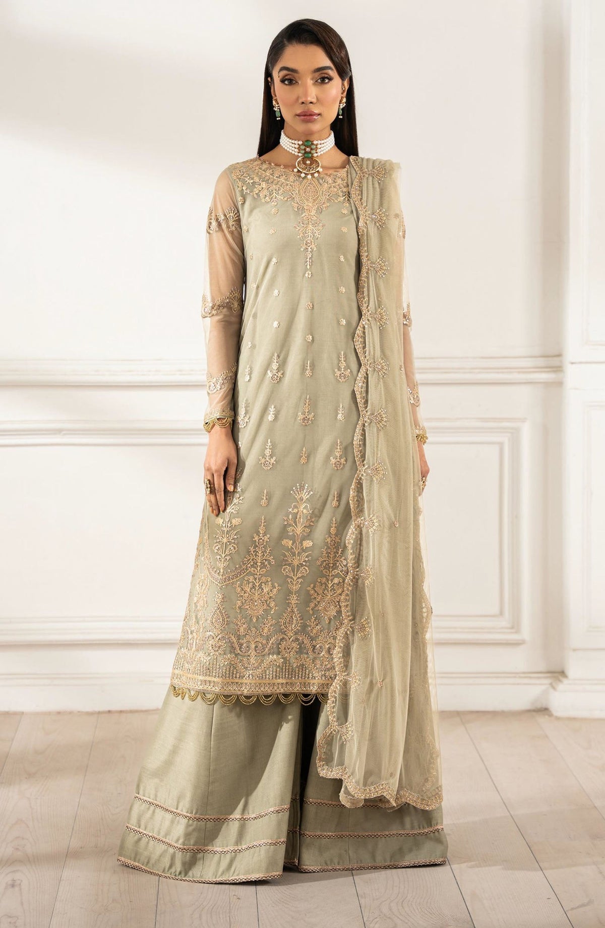 Heer by Zarif Embroidered Net Unstitched 3 Piece Suit - LEILA - ZF25HR - Z-01 - Grey - Festive Collection