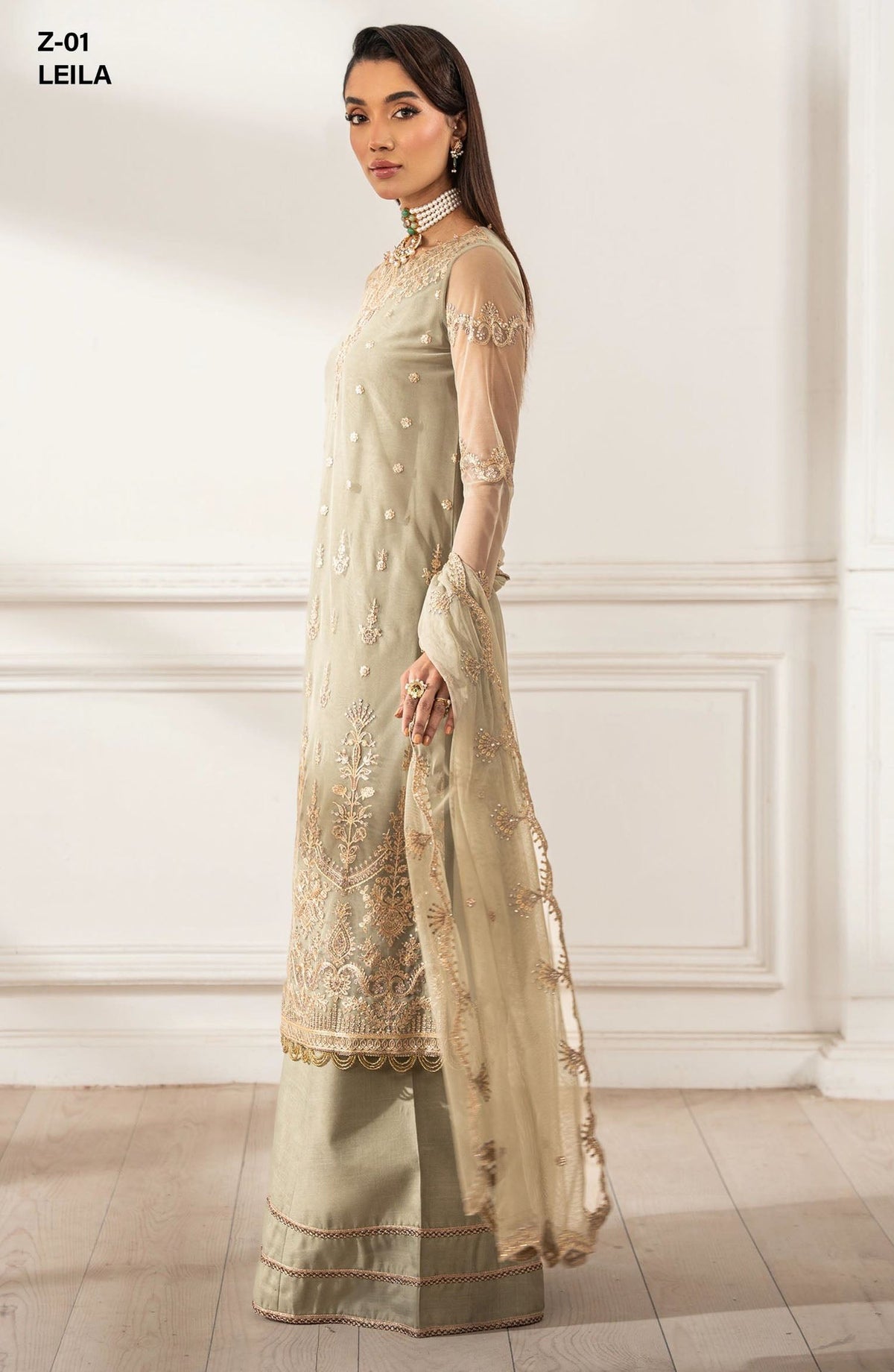Heer by Zarif Embroidered Net Unstitched 3 Piece Suit - LEILA - ZF25HR - Z-01 - Grey - Festive Collection