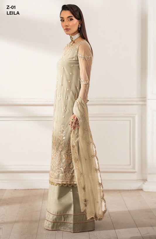 Heer by Zarif Embroidered Net Unstitched 3 Piece Suit - LEILA - ZF25HR - Z-01 - Grey - Festive Collection
