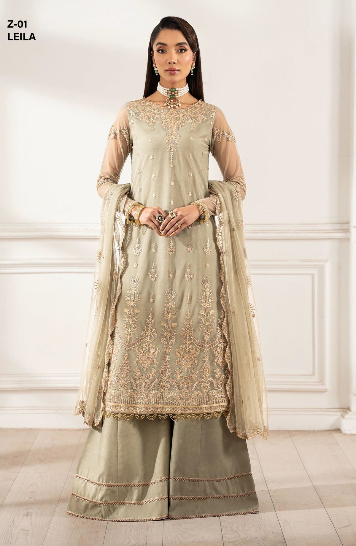Heer by Zarif Embroidered Net Unstitched 3 Piece Suit - LEILA - ZF25HR - Z-01 - Grey - Festive Collection