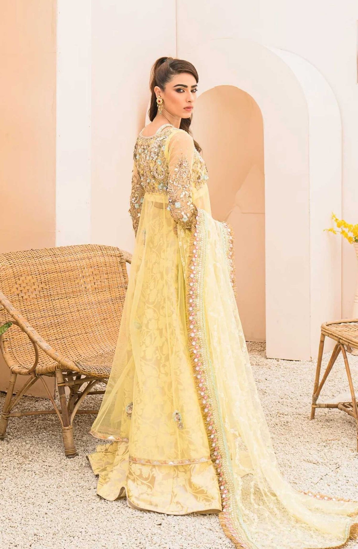 Hues Atelier Embroidered Net 3 Piece - Hennah - HA25LF - Yellow - Festive Collection