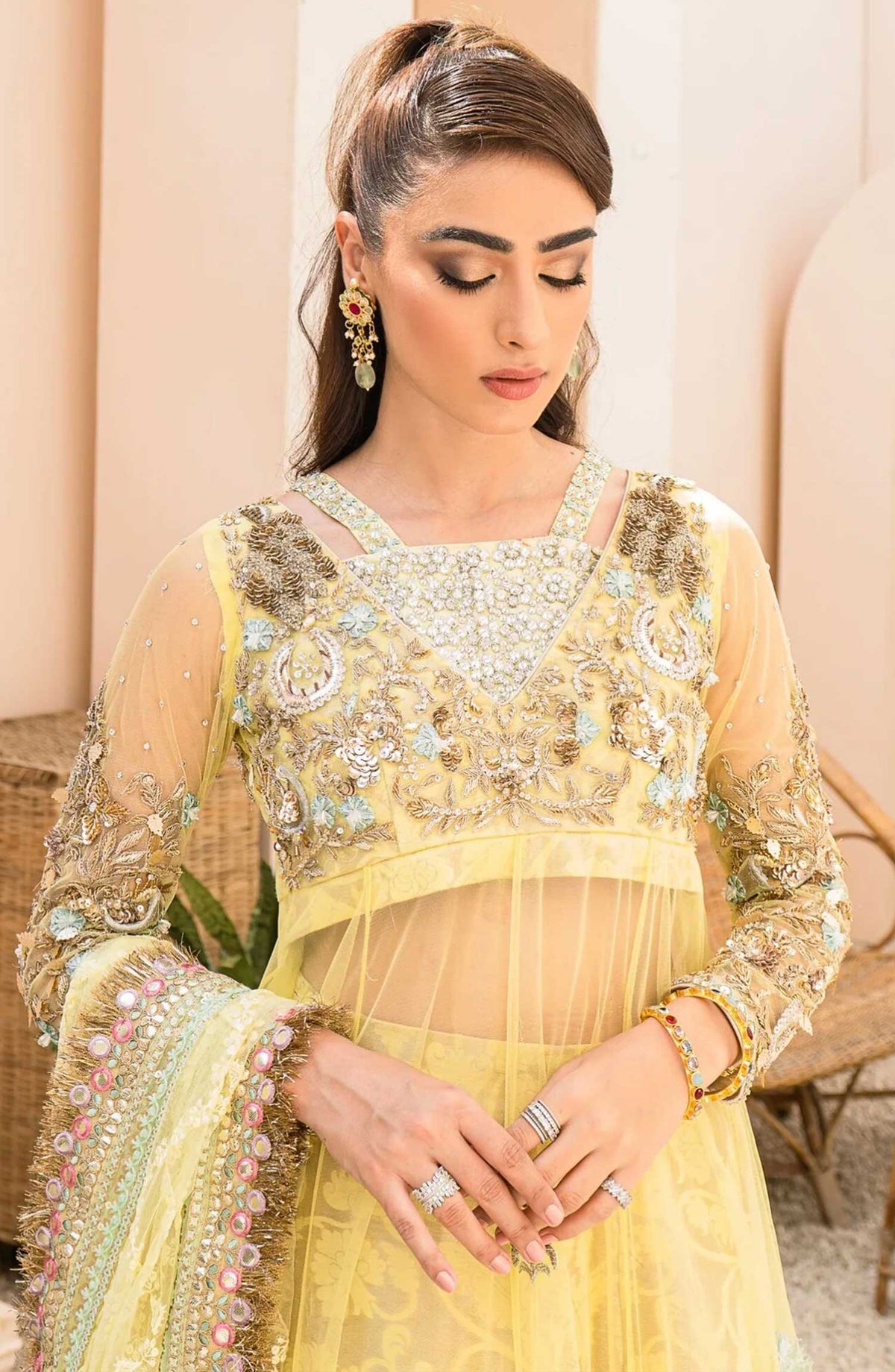 Hues Atelier Embroidered Net 3 Piece - Hennah - HA25LF - Yellow - Festive Collection