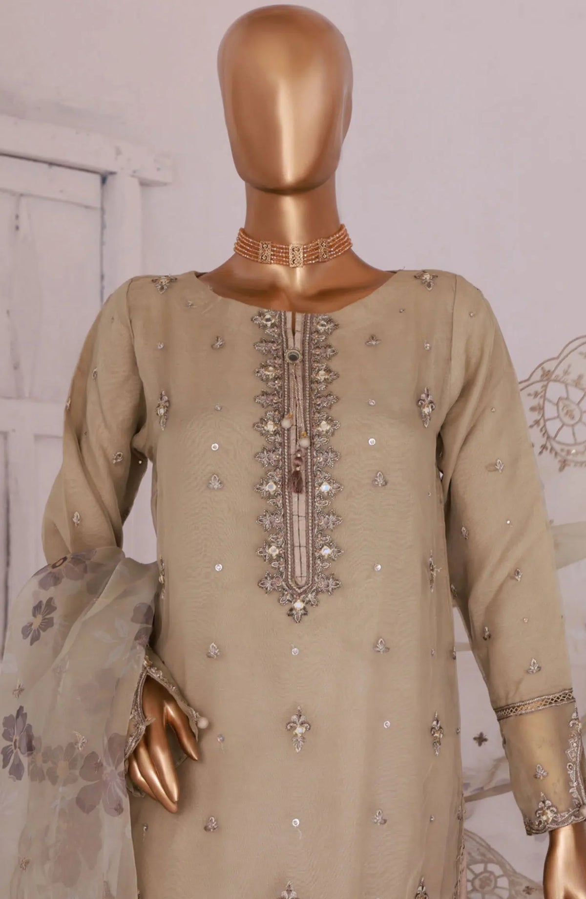 HZ RTW Luxe Pret Formal Organza Embroidered Handwork Collection - HZK-161 GOLDEN